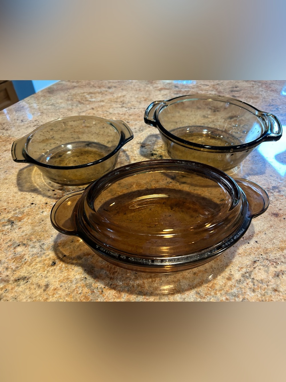 Visions Oval Casserole Brown V-14-B Pyrex Lid P-14-C w/12 oz round & 24 oz round